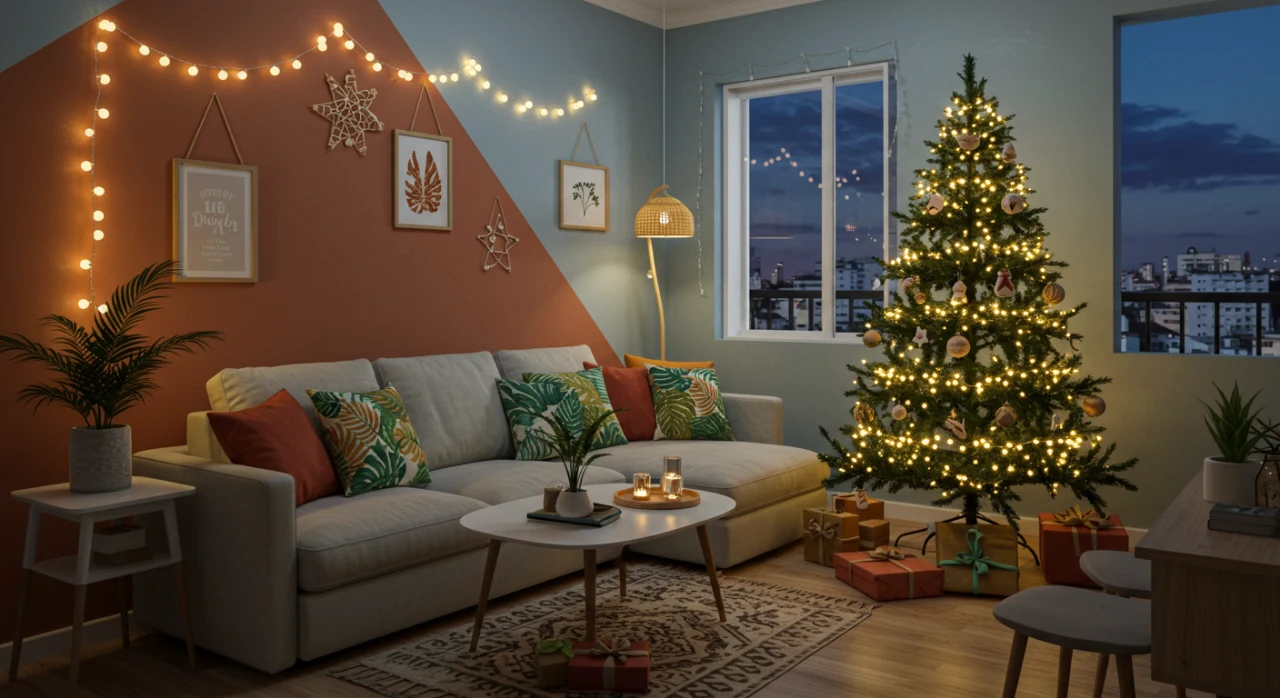 Sala de estar brasileira decorada para o Natal 2025, cores vibrantes e estilo aconchegante.