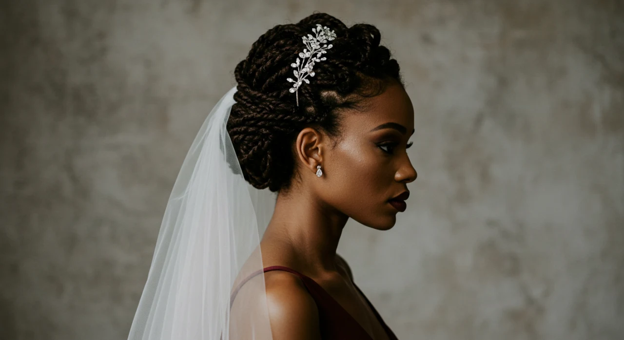 Noiva com trança embutida finalizada em coque, um penteado sofisticado e moderno que valoriza a beleza do cabelo crespo com um acessório especial.