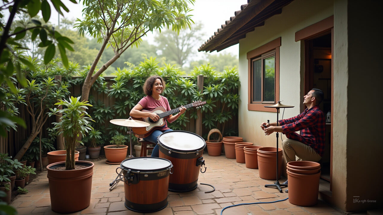 Bateria improvisada feita de baldes e potes em quintal.
