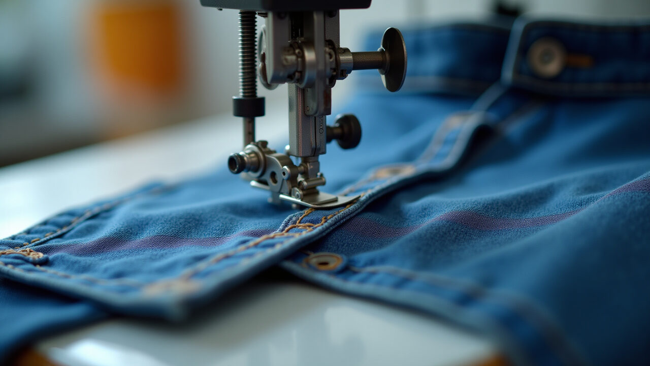 Industrial coverstitch machine hemming denim, creating elastic and resistant seams. Commercial Máquina galoneira industrial fazendo bainha em jeans.