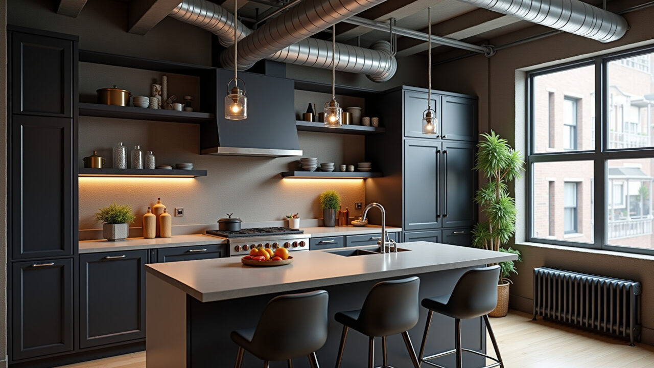Industrial kitchen, exposed pipes, metal accents, dark colors, New York loft style, professional Cozinha industrial com tubulações aparentes e detalhes em metal.