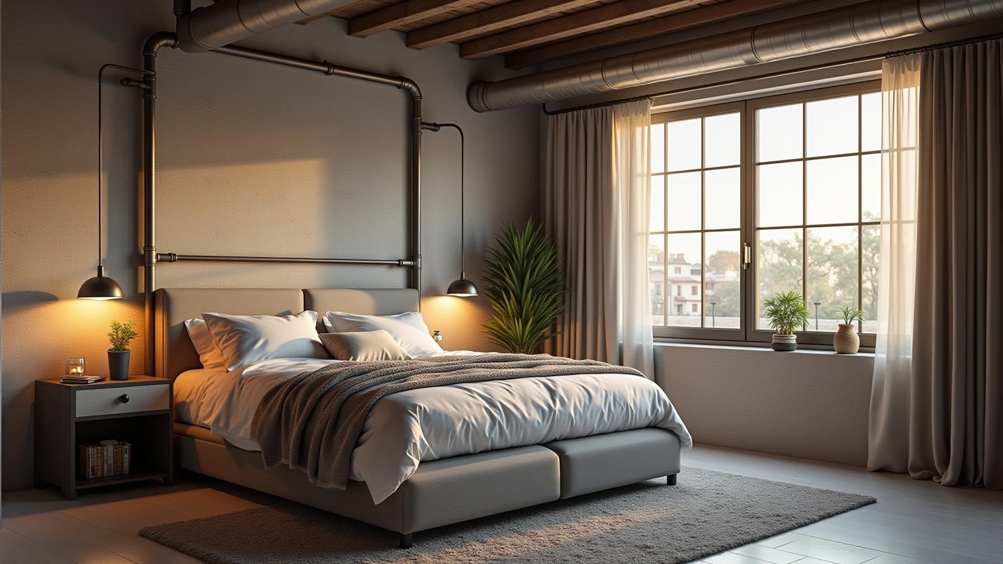 Quarto industrial em loft, tubulações aparentes, detalhes em metal e design minimalista com toque brasileiro.
