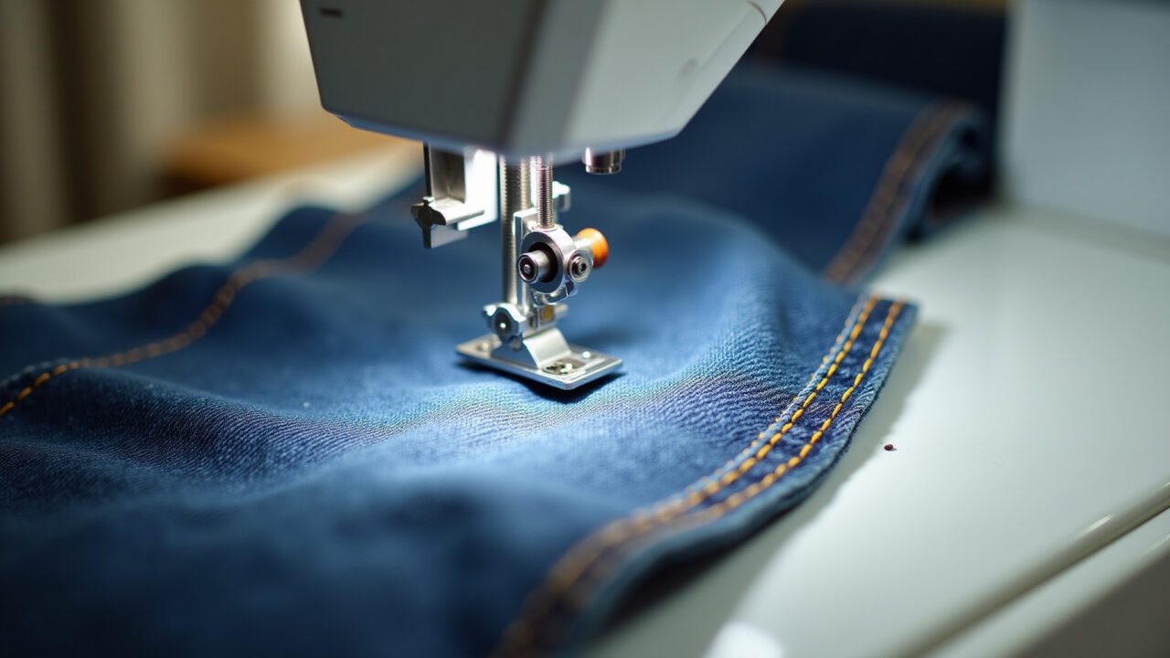 Industrial overlock sewing machine finishing denim edges, preventing fraying. Professional Máquina overlock industrial arrematando bordas de jeans.