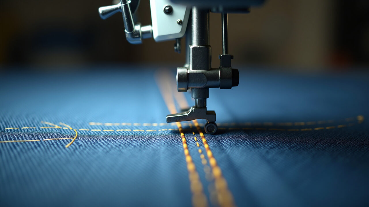 Industrial straight stitch sewing machine on denim, showcasing clean lines and durable seams. Costura reta industrial em jeans, mostrando acabamento perfeito.