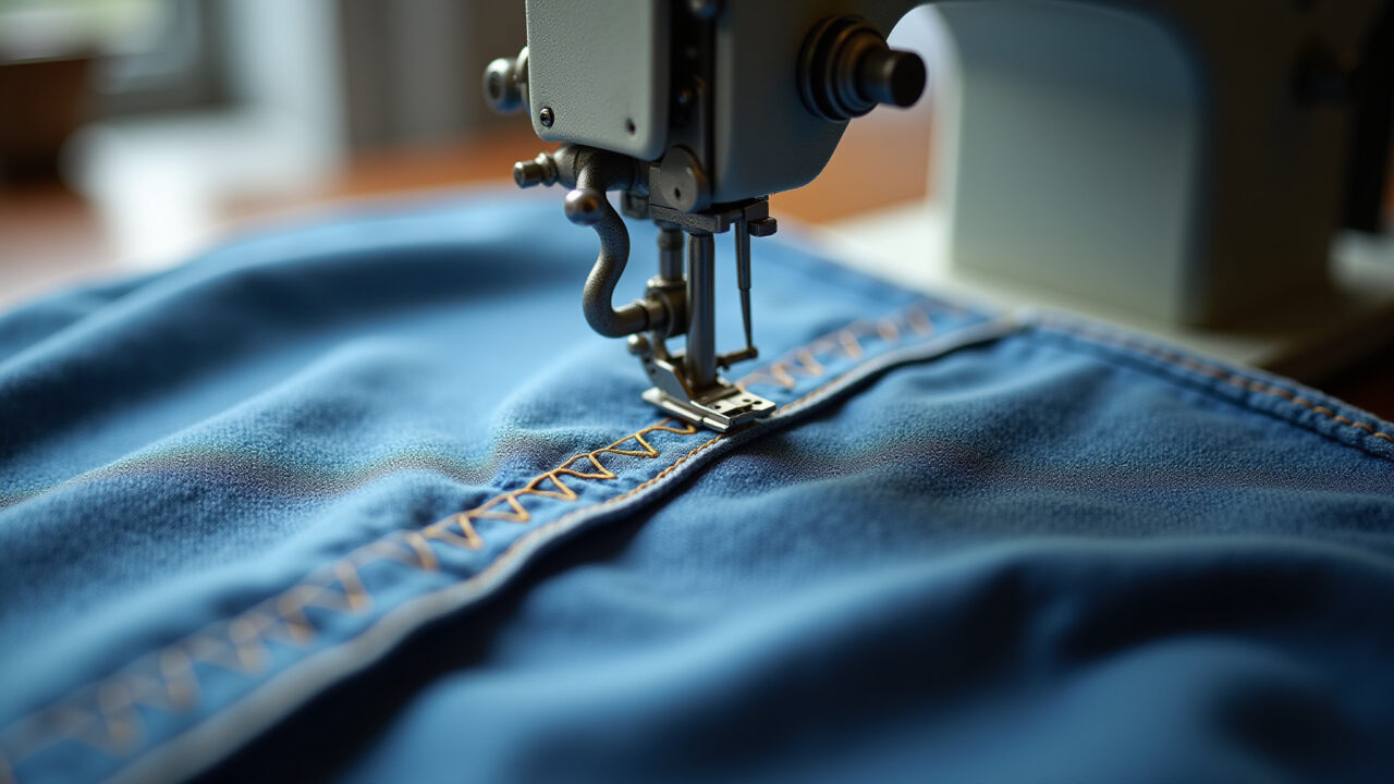 Industrial zig zag sewing machine creating decorative stitches on denim. Professional photography, Máquina zig zag industrial criando detalhes decorativos em jeans.