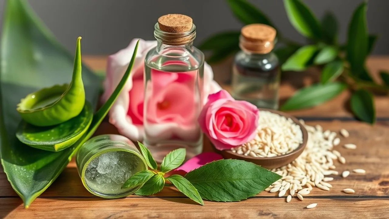 Ingredientes naturais para tônico facial caseiro: aloe vera, chá verde, rosas, arroz.