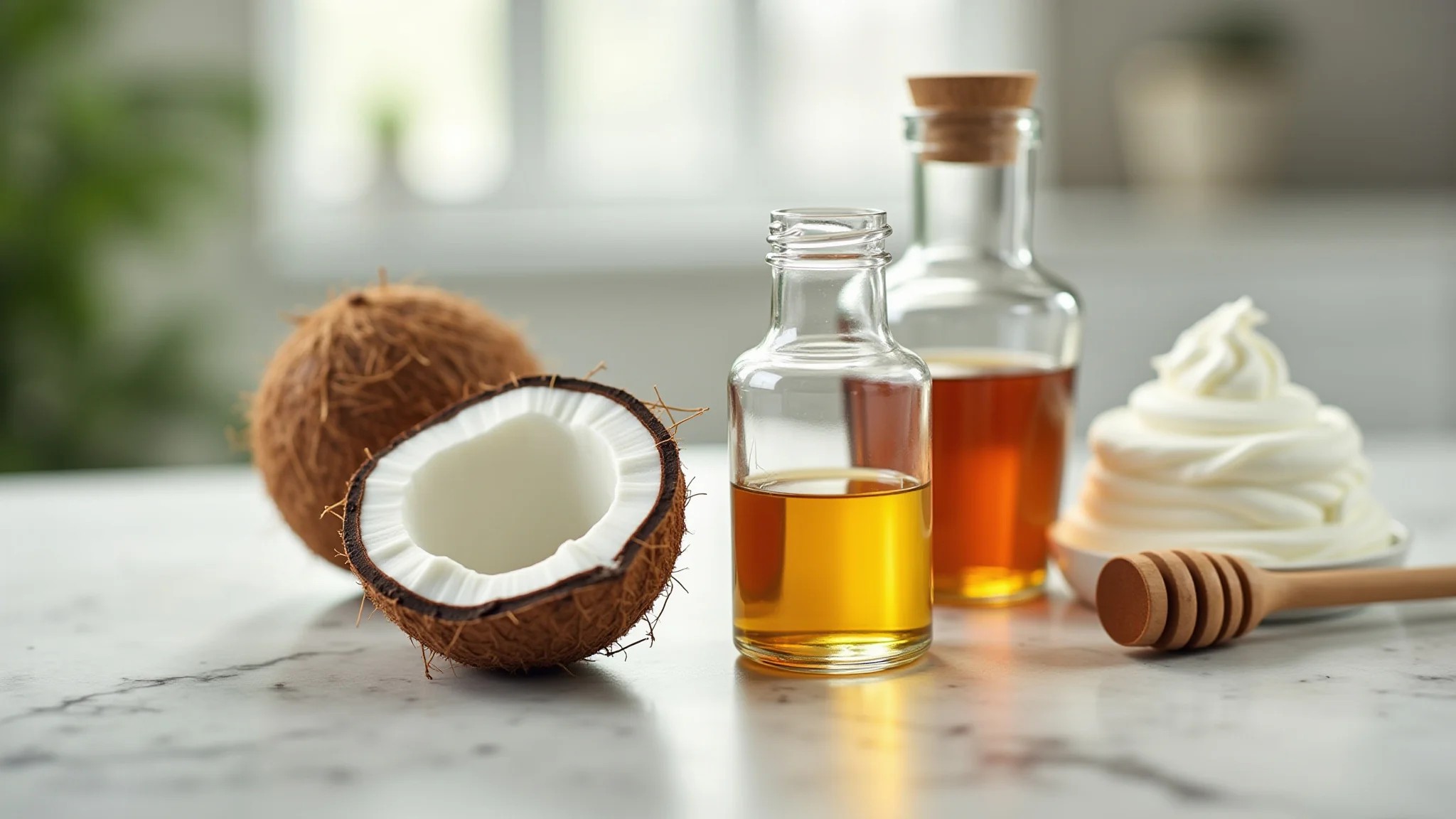 Ingredientes para máscara capilar caseira com óleo de coco, mel e iogurte.