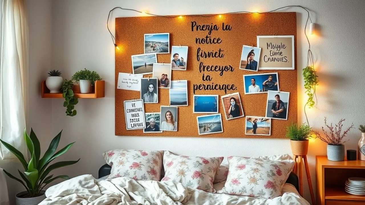Cantinho de inspiração com fotos e frases em quarto brasileiro.