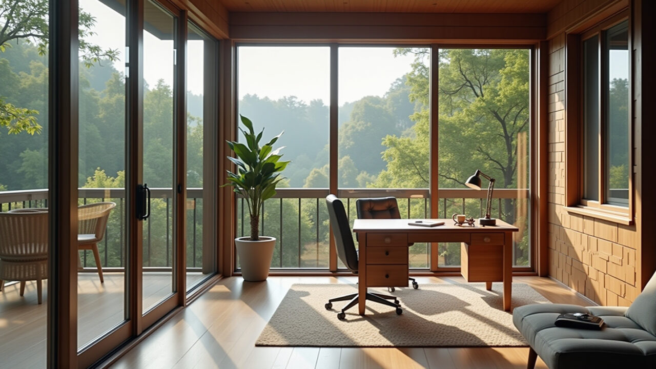 Inspirational home office setup on a glass-enclosed varanda, featuring a spacious desk, ergonomic Escritório home office inspirador em varanda fechada com vidro.