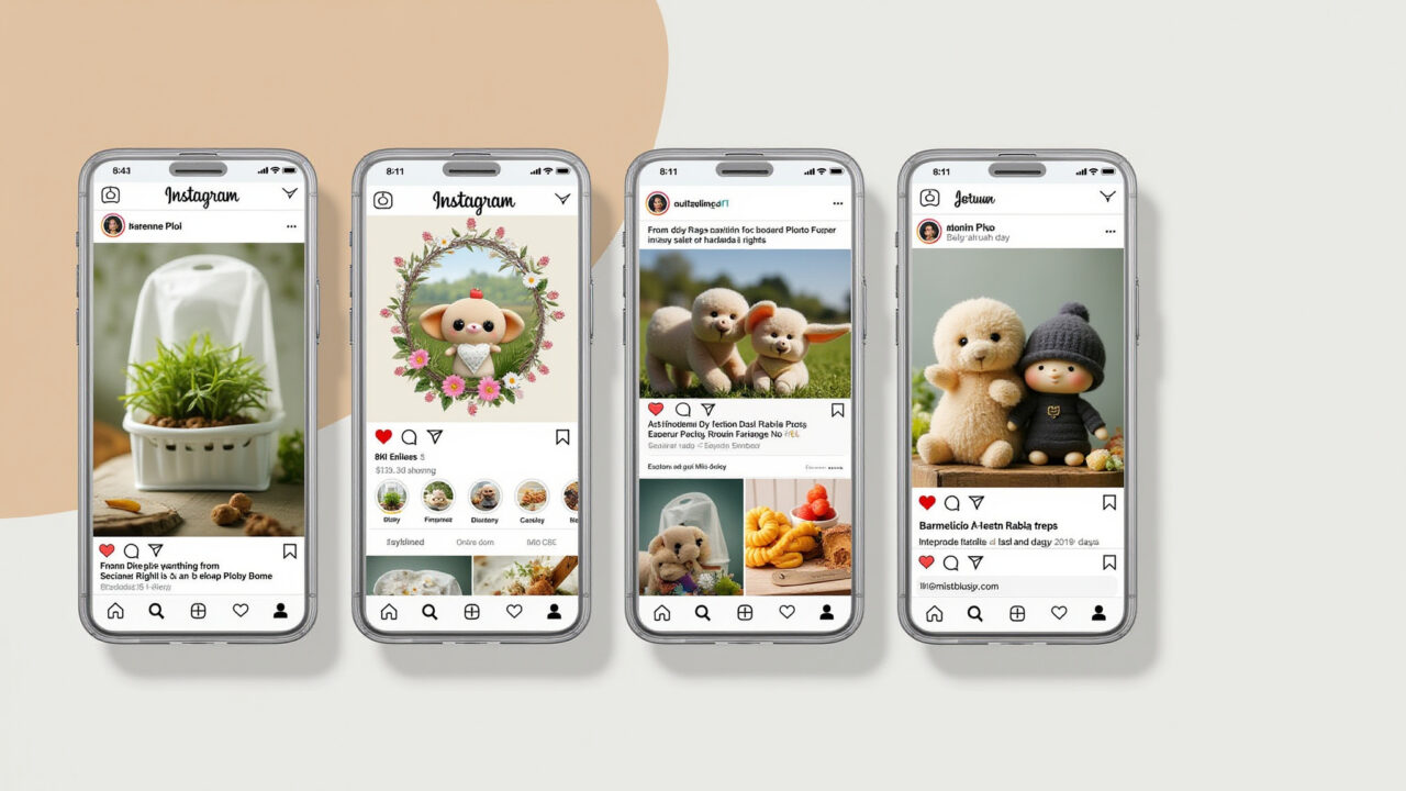 Instagram feed mockup, amigurumi brand, cohesive visual identity, Farm Rio style, professional Feed do Instagram com identidade visual de amigurumi.