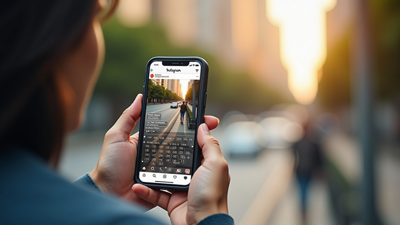 Instagram management tools, phone screen, scheduling app, Brazilian artisan using app, 8K, natural Artesã usando aplicativo para gerenciar Instagram.