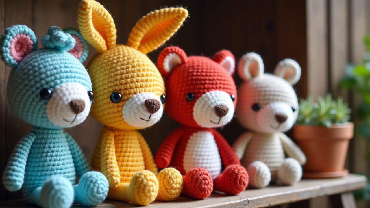 Instagram shop of amigurumis, showcasing colorful creations. Lifestyle photography, 8K quality, Loja de amigurumis no Instagram com peças coloridas.