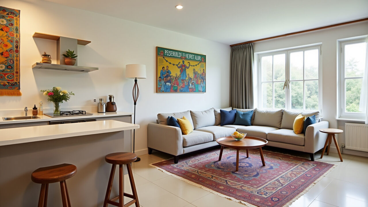 Cozinha e sala integradas com paleta neutra e decoração vibrante.