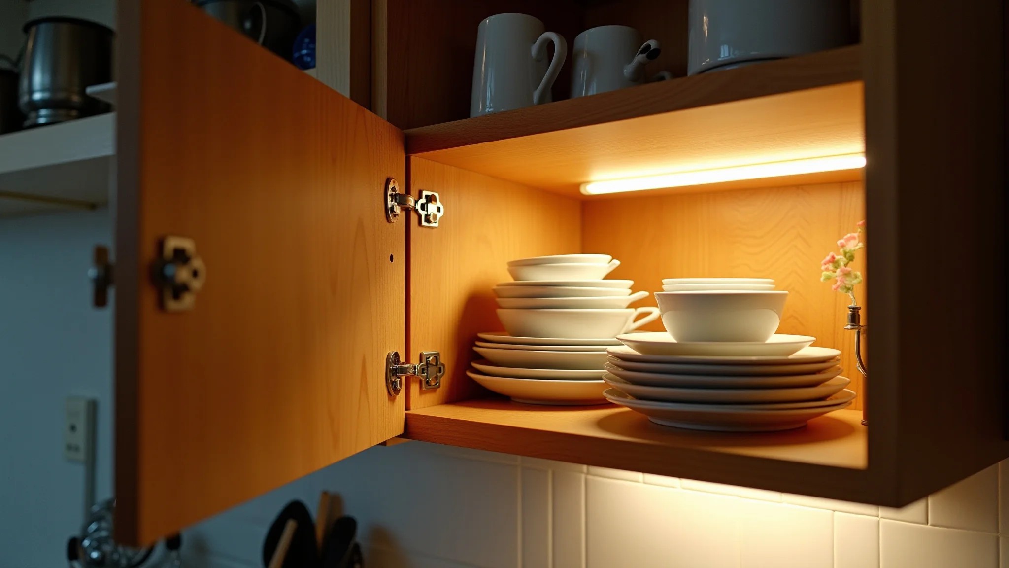 Iluminação interna do armário da cozinha, destacando pratos e utensílios.