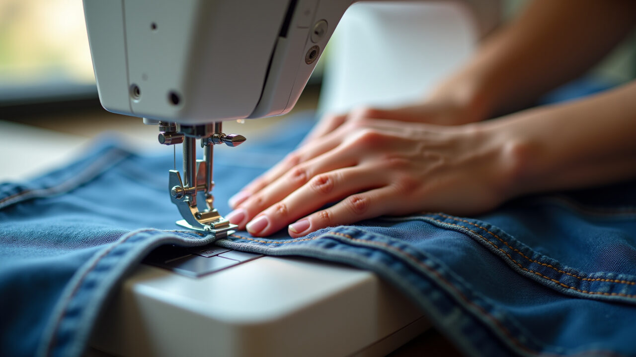 Janome sewing machine sewing denim, precision and versatility. Professional photography, 8K, sharp Máquina de costura Janome costurando jeans, precisão e versatilidade.