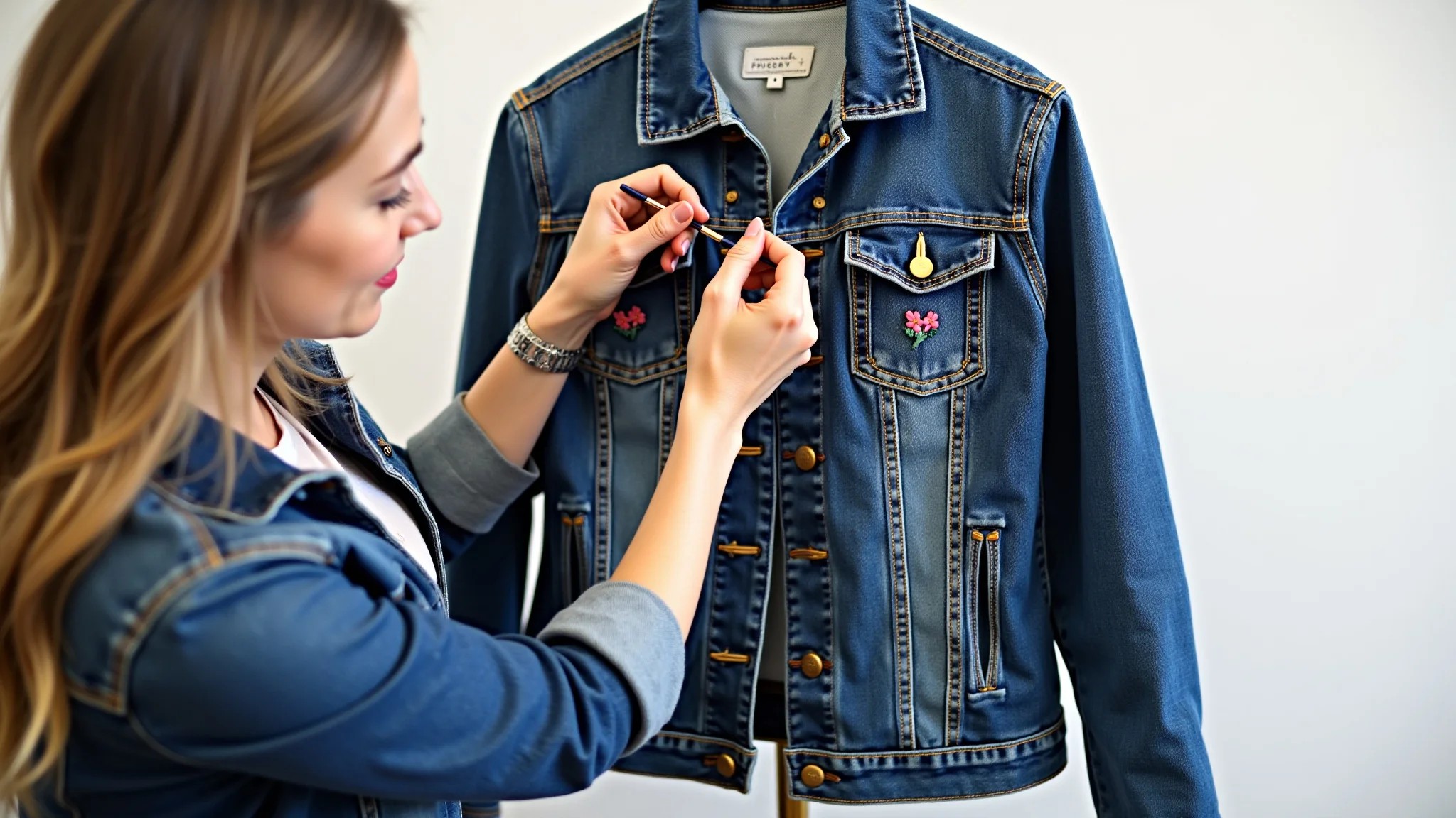 Mulher pintando design floral em jaqueta jeans para customização.