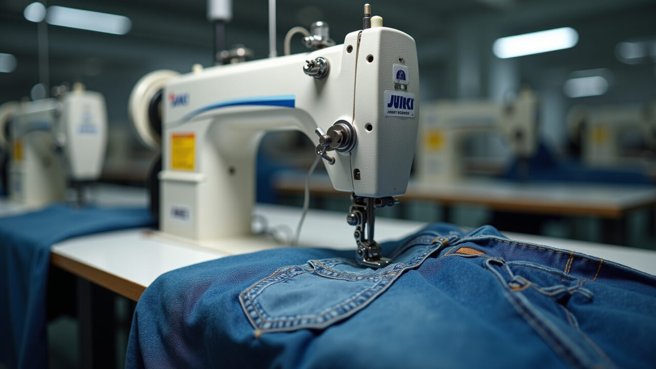 Juki industrial sewing machine sewing denim, high performance. Commercial photography, 8K quality, Máquina de costura industrial Juki costurando jeans, alto desempenho.