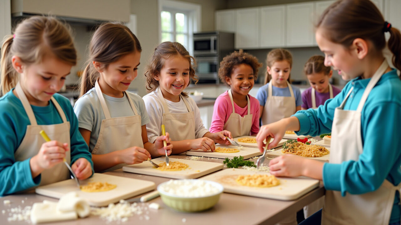 Kids preparing biblical recipes, fun cooking class, church kitchen, aprons, healthy ingredients, Crianças preparando receitas bíblicas em aula de culinária divertida.