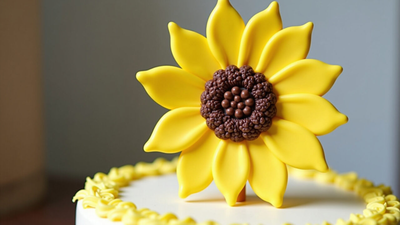 Kids sunflower cake with custom sunflower topper, professional photography, 8K quality, sharp Bolo girassol infantil com topper personalizado.