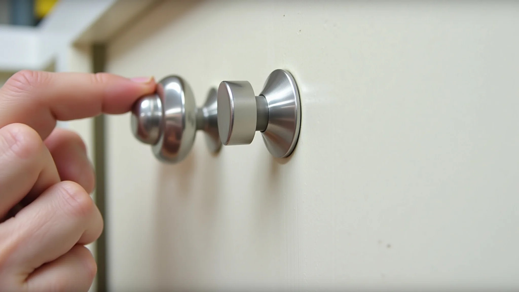Reforma de armário: trocando puxadores antigos por modelos modernos de aço inox.