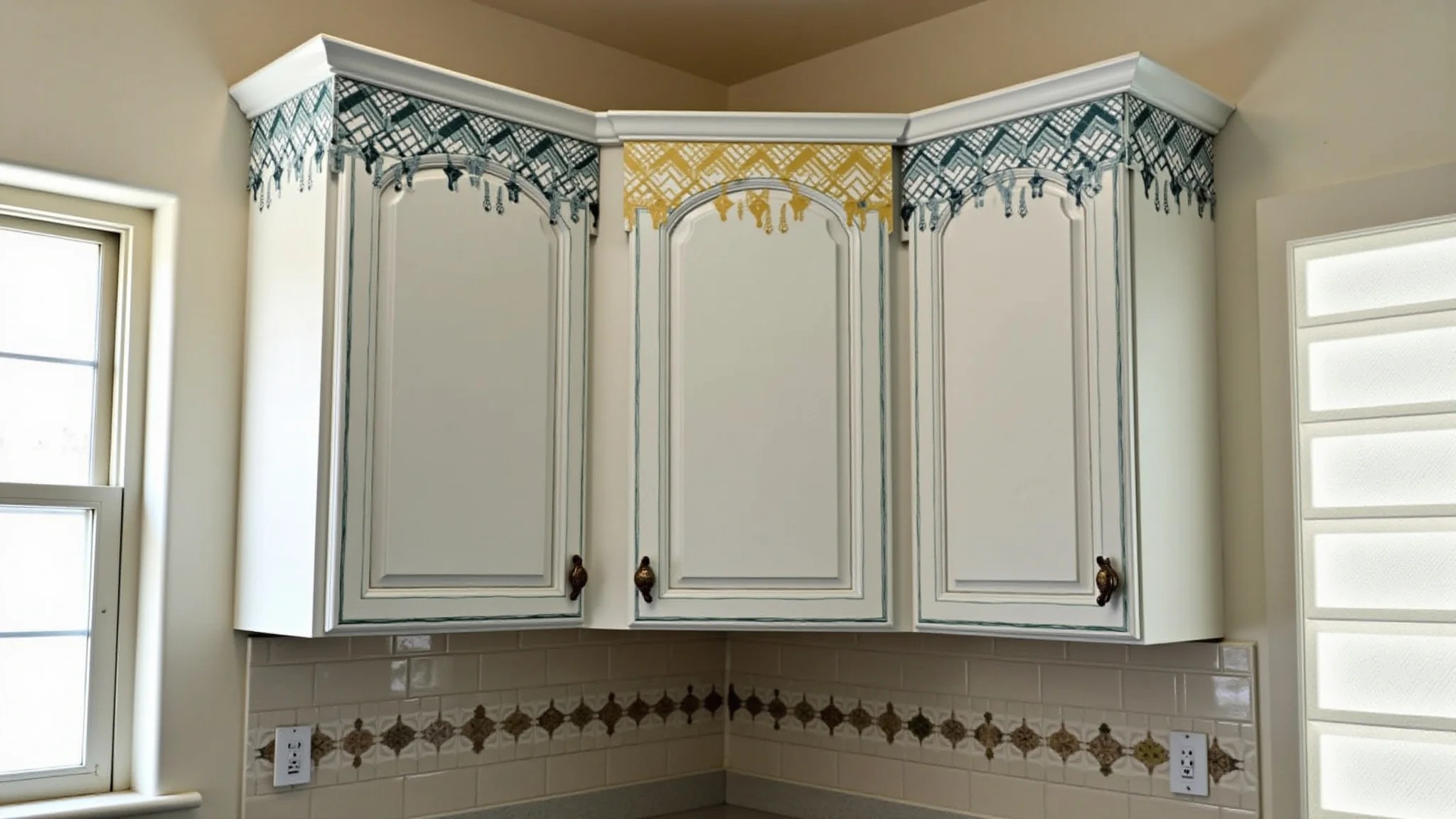 Armários de cozinha decorados com adesivos de vinil, padrões geométricos.
