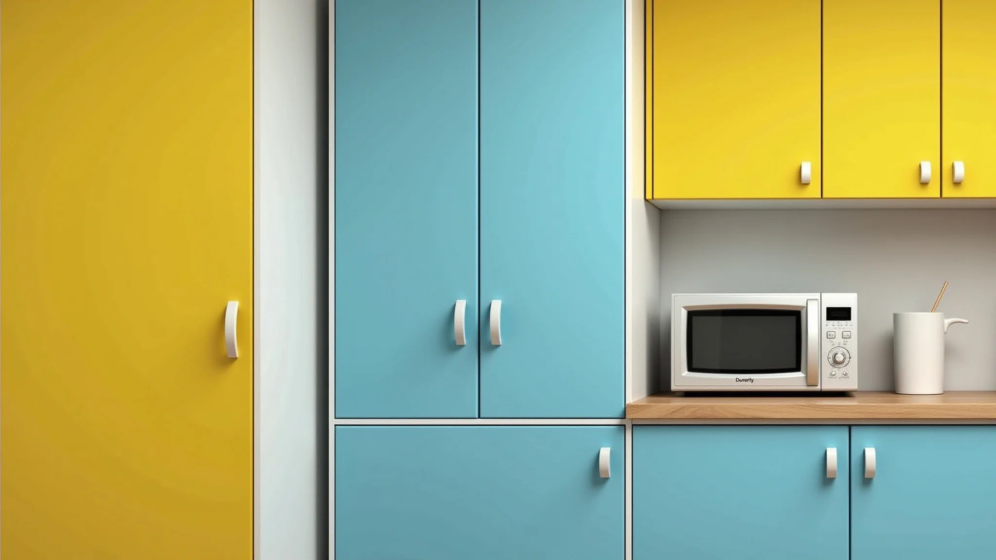 Armários de cozinha pintados em cores vibrantes, amarelo e azul.