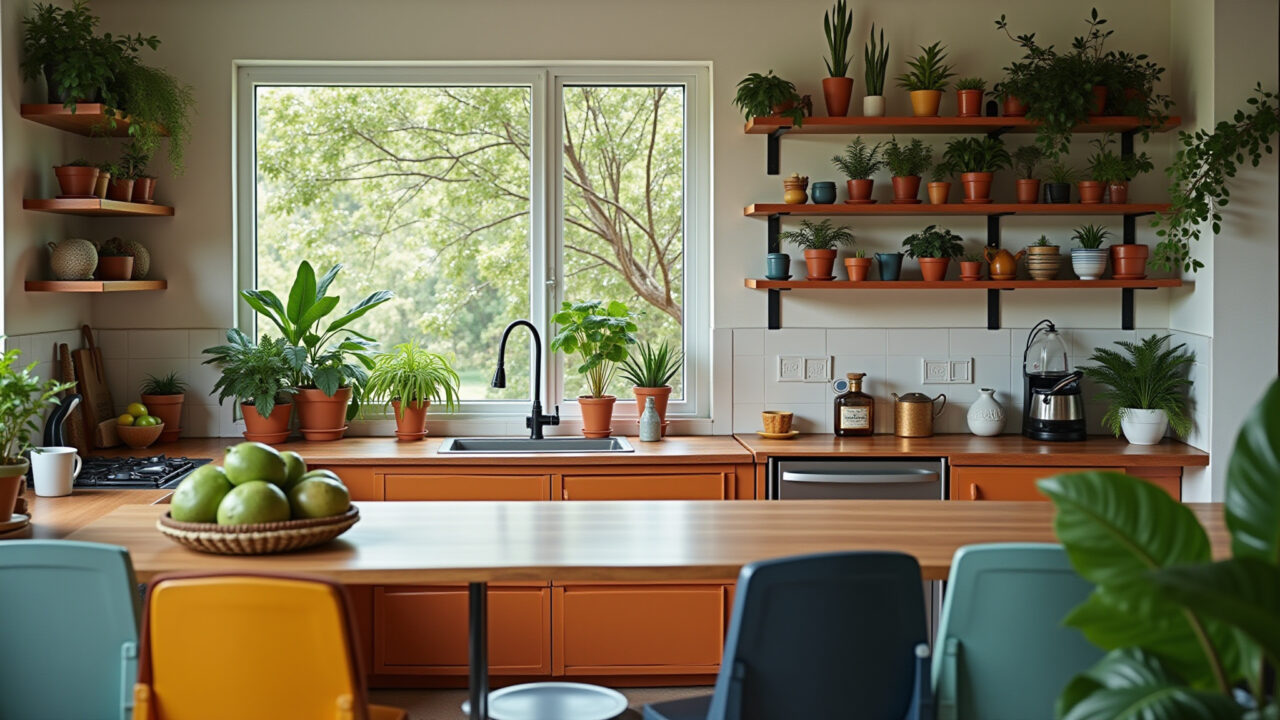 Kitchen decorated with colorful plants and flowers, Brazilian style, 8K quality, professional Cozinha decorada com plantas e flores coloridas.
