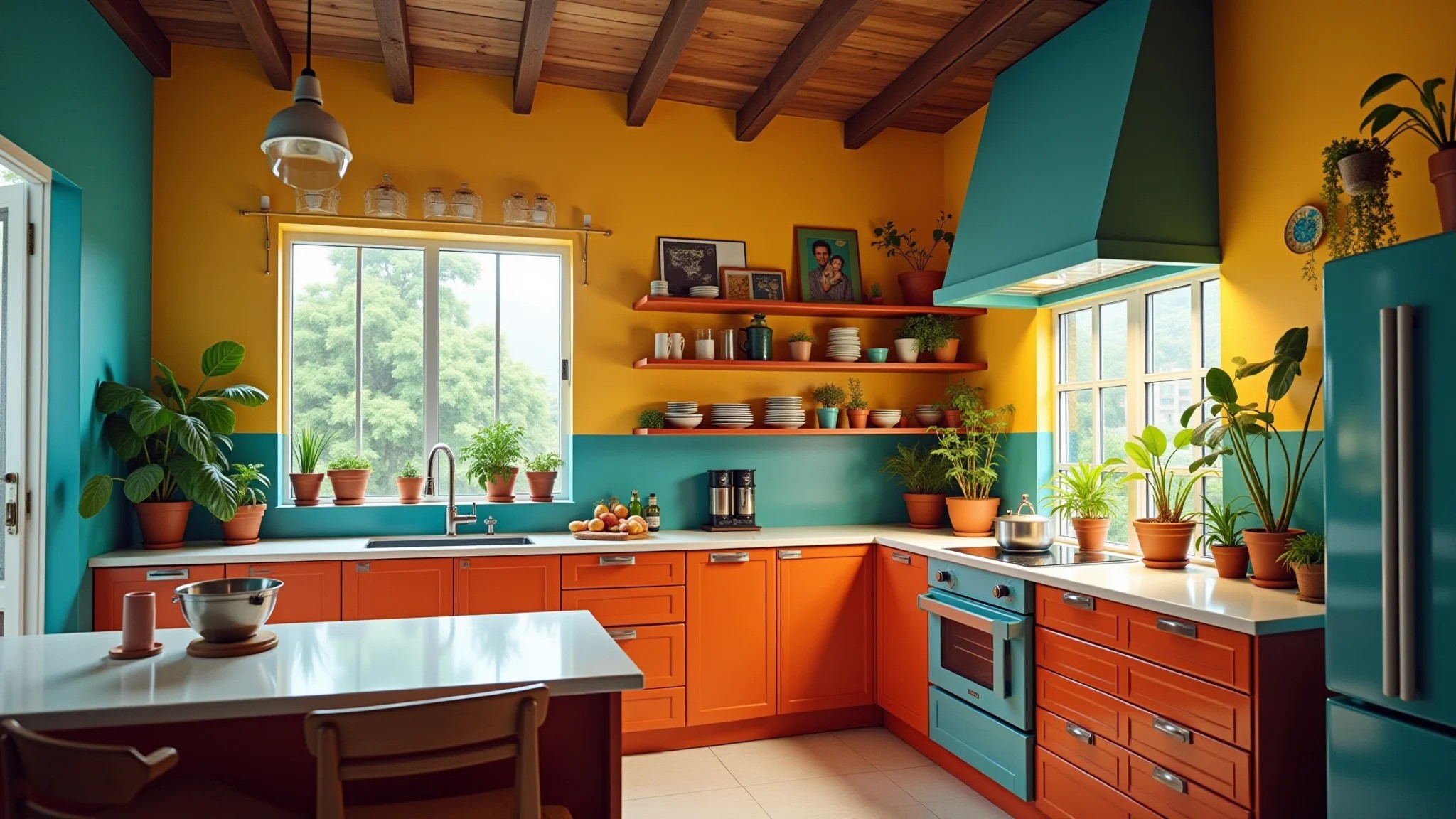 Cozinha com feng shui, cores vibrantes, plantas e organização.