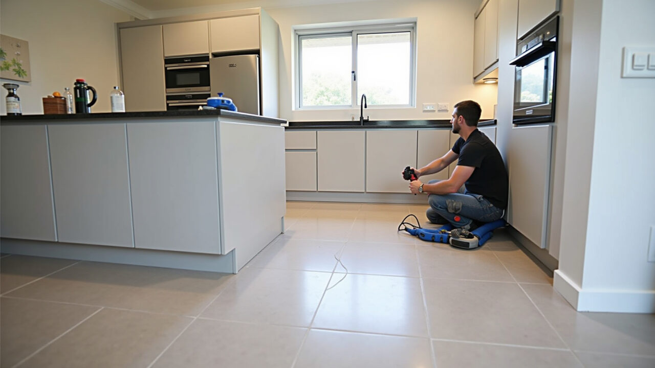 Kitchen installation, porcelain floor, professional installer, tools, natural light, 8K quality, Instalação de piso de porcelanato em cozinha.