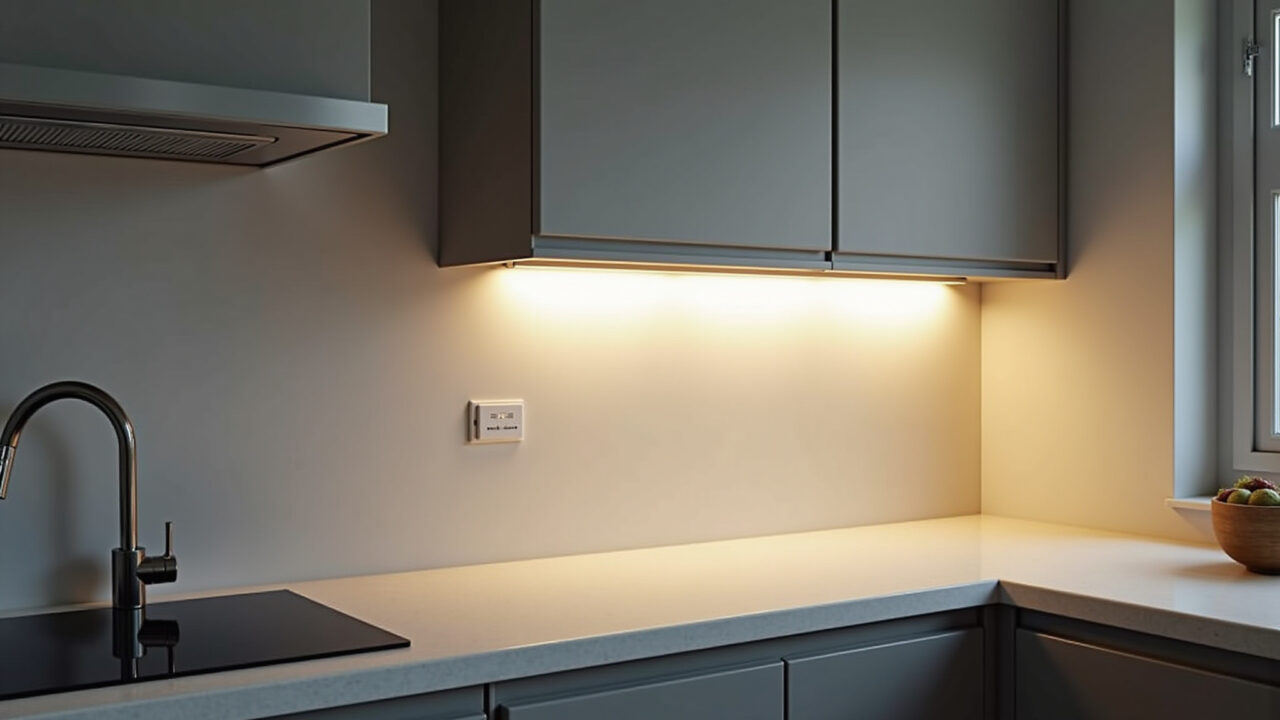 Iluminação de LED sob os armários iluminando a bancada da cozinha.