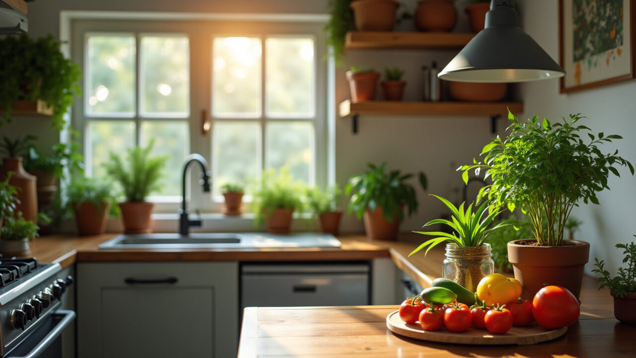 Quadros e plantas decoram cozinha com personalidade e vida.