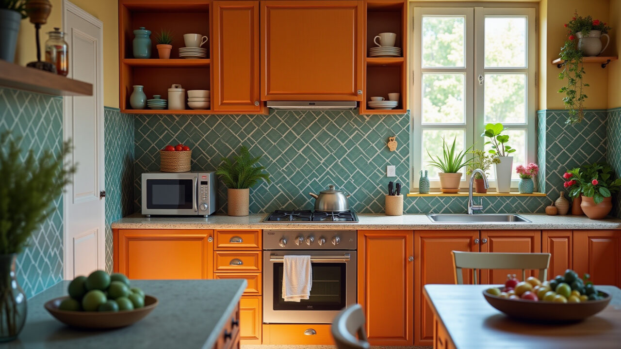 Kitchen with colorful accessories, Brazilian style, 8K quality, professional photography, natural Cozinha com acessórios coloridos baratos.