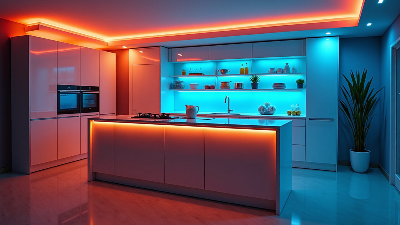 Kitchen with colorful LED lighting, Brazilian style, 8K quality, professional photography, natural Cozinha com iluminação colorida em LED.