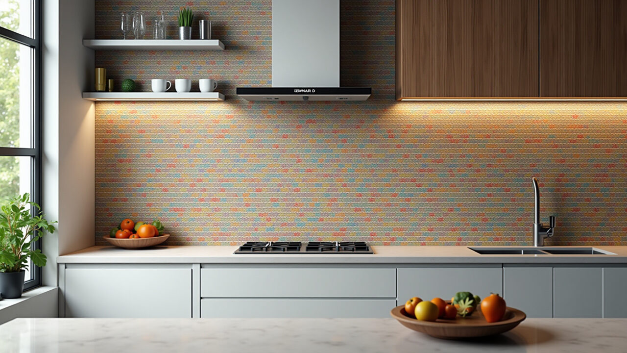 Kitchen with colorful mosaic tiles on the wall, Brazilian design, 8K, professional photography, Cozinha com pastilhas coloridas na parede.