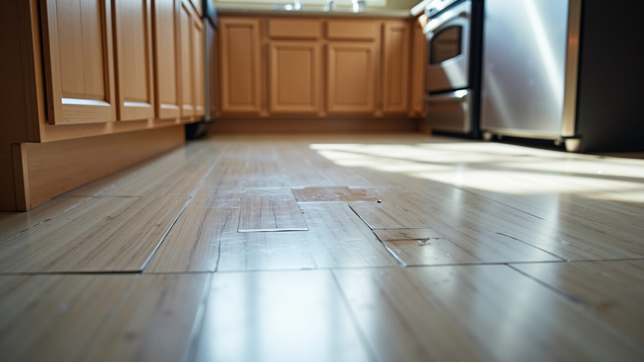 Kitchen with damaged vinyl floor, impact mark, natural light, 8K quality, sharp focus, Brazilian Piso vinílico danificado por impacto na cozinha.