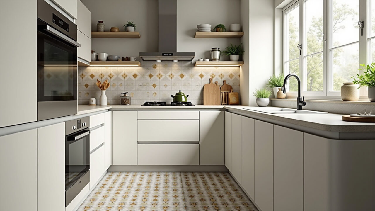 Cozinha com azulejos decorados e cores neutras.