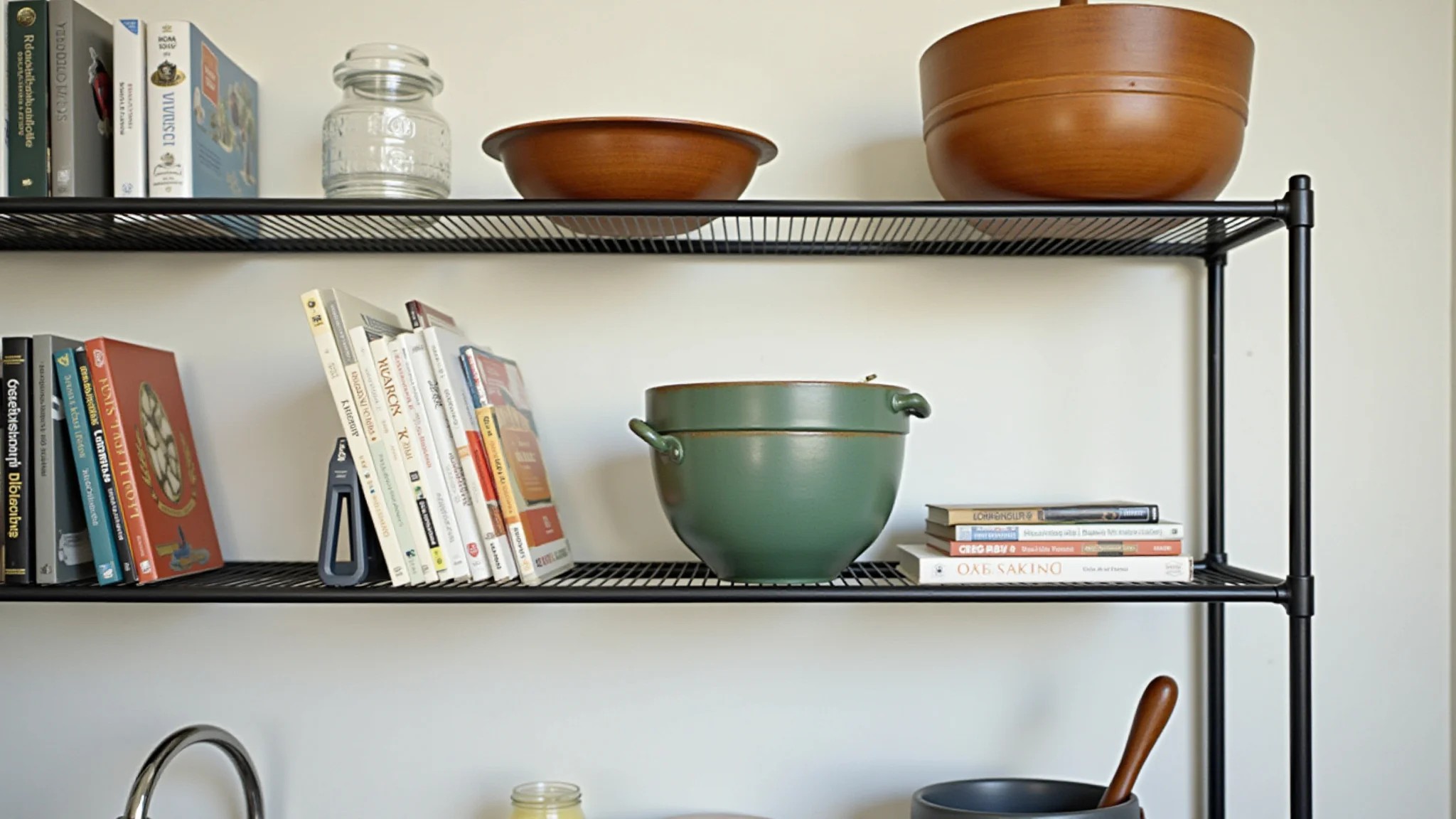 Cozinha com prateleiras de metal organizando livros de receitas e itens decorativos.