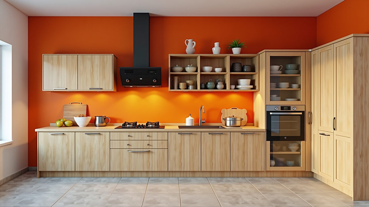 Kitchen with orange wall, Brazilian style, 8K quality, professional photography, natural light, Cozinha com parede laranja vibrante.