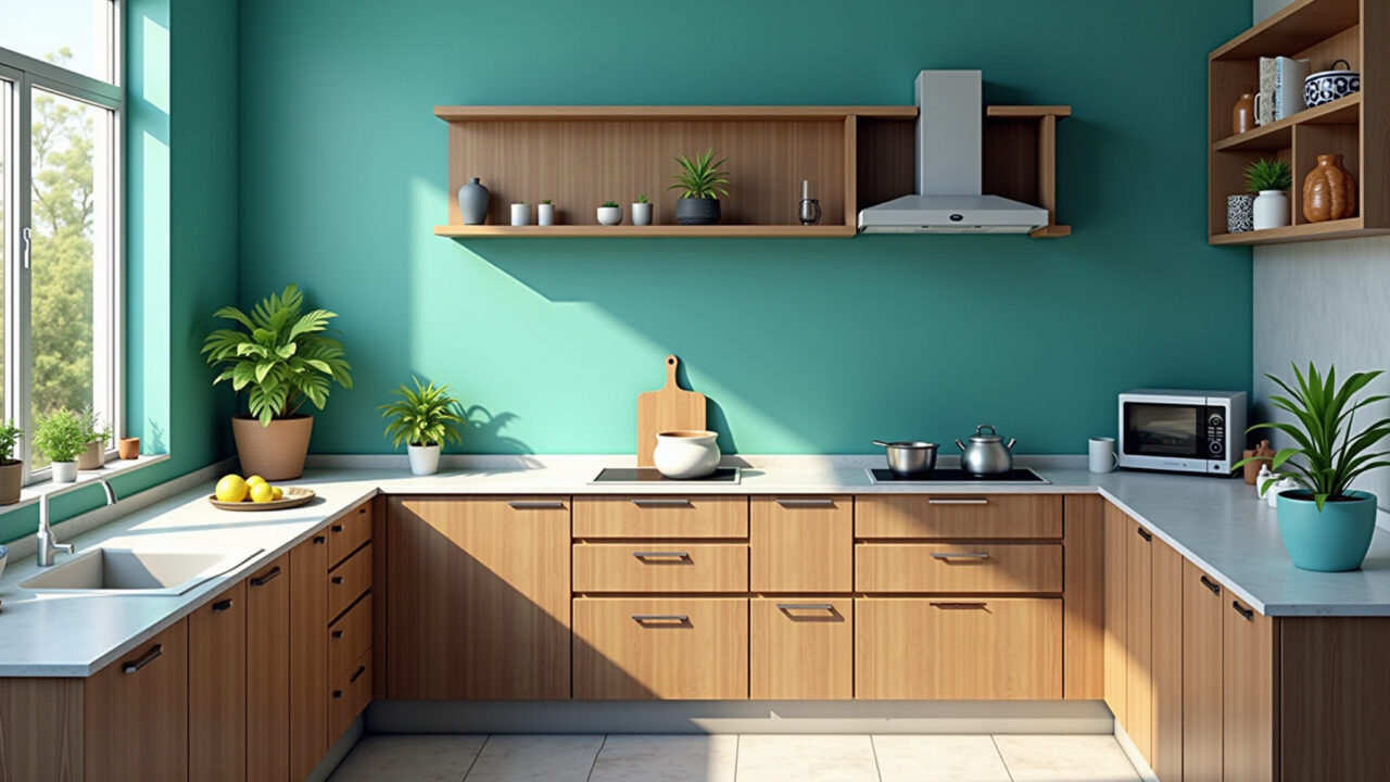 Kitchen with turquoise blue wall, Brazilian style, 8K quality, professional photography, natural Cozinha com parede azul turquesa.