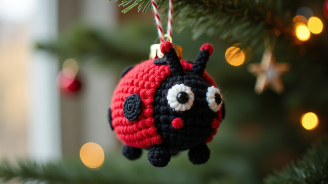 Ladybug amigurumi, christmas tree ornament, red, black, white, festive, natural lighting, Enfeite de árvore de Natal de amigurumi joaninha.