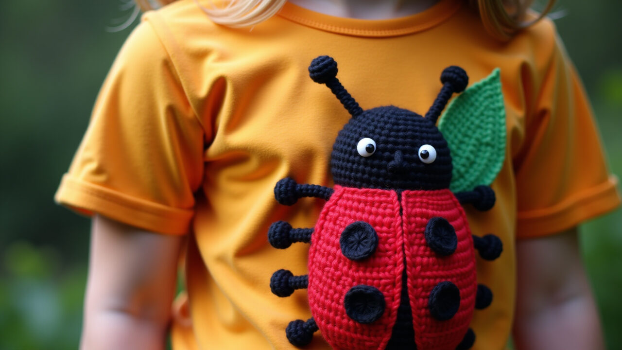 Ladybug amigurumi, clothing applique, t-shirt, vibrant colors, close-up, natural lighting, Aplique de amigurumi joaninha em roupa.