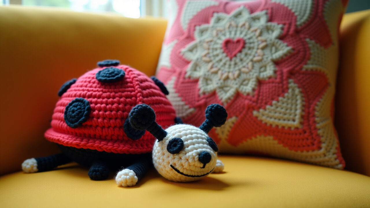 Ladybug amigurumi, decorative pillow, sofa, vibrant colors, cozy, natural lighting, commercial Almofada decorativa de amigurumi joaninha.