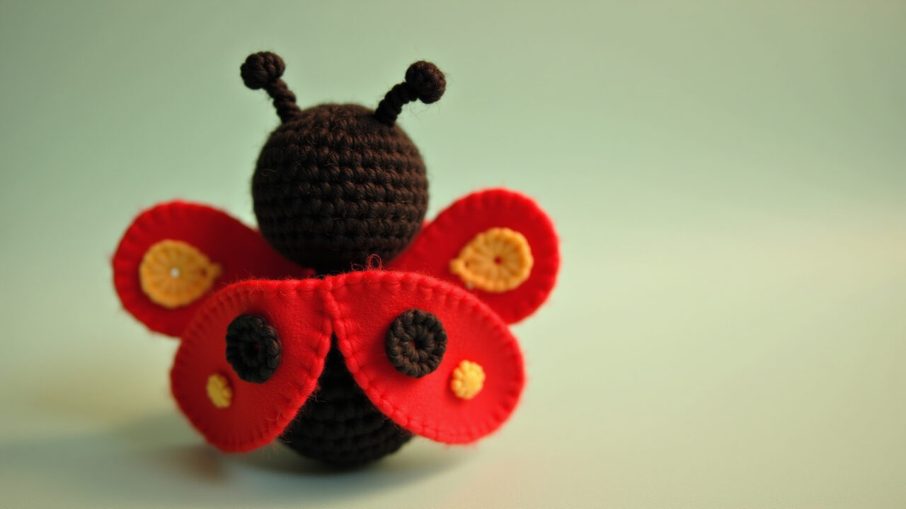 Ladybug amigurumi, felt wings, colorful, delicate, natural lighting, lifestyle photography, 8k Joaninha de amigurumi com asas de feltro coloridas.