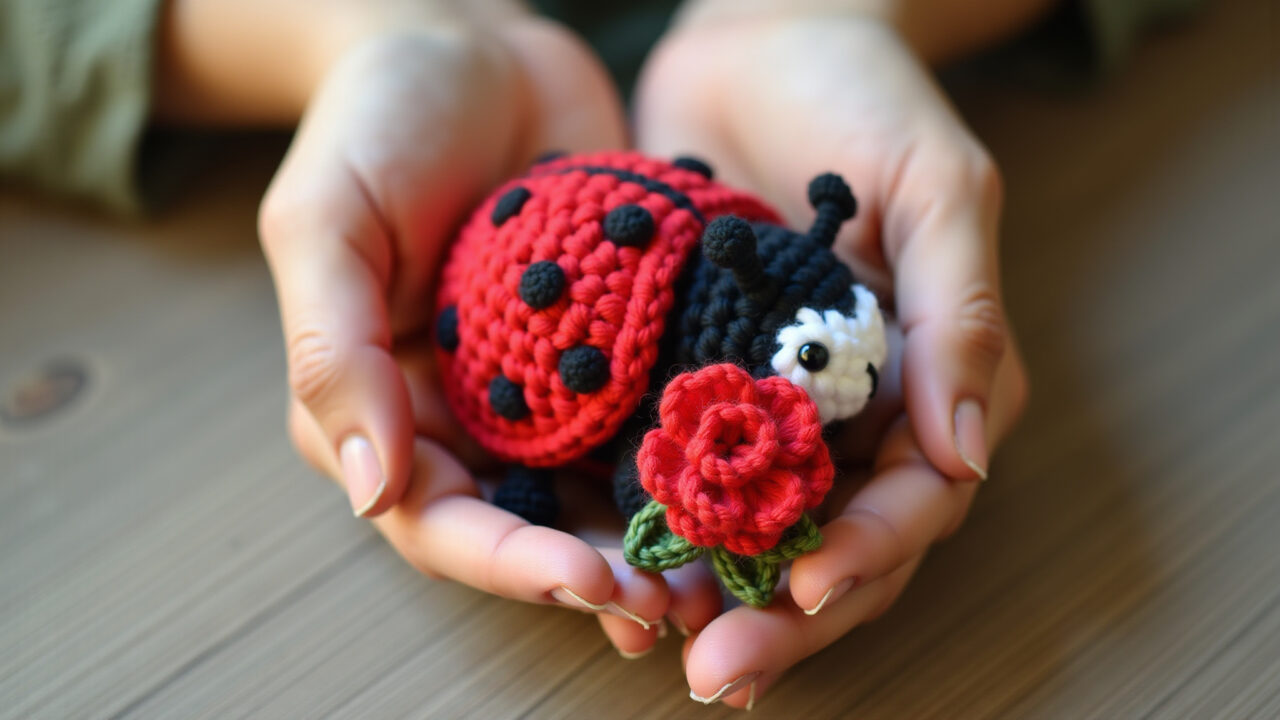 Ladybug amigurumi holding crochet flower, gift, vibrant colors, delicate, natural lighting, Joaninha de amigurumi segurando flor de crochê.