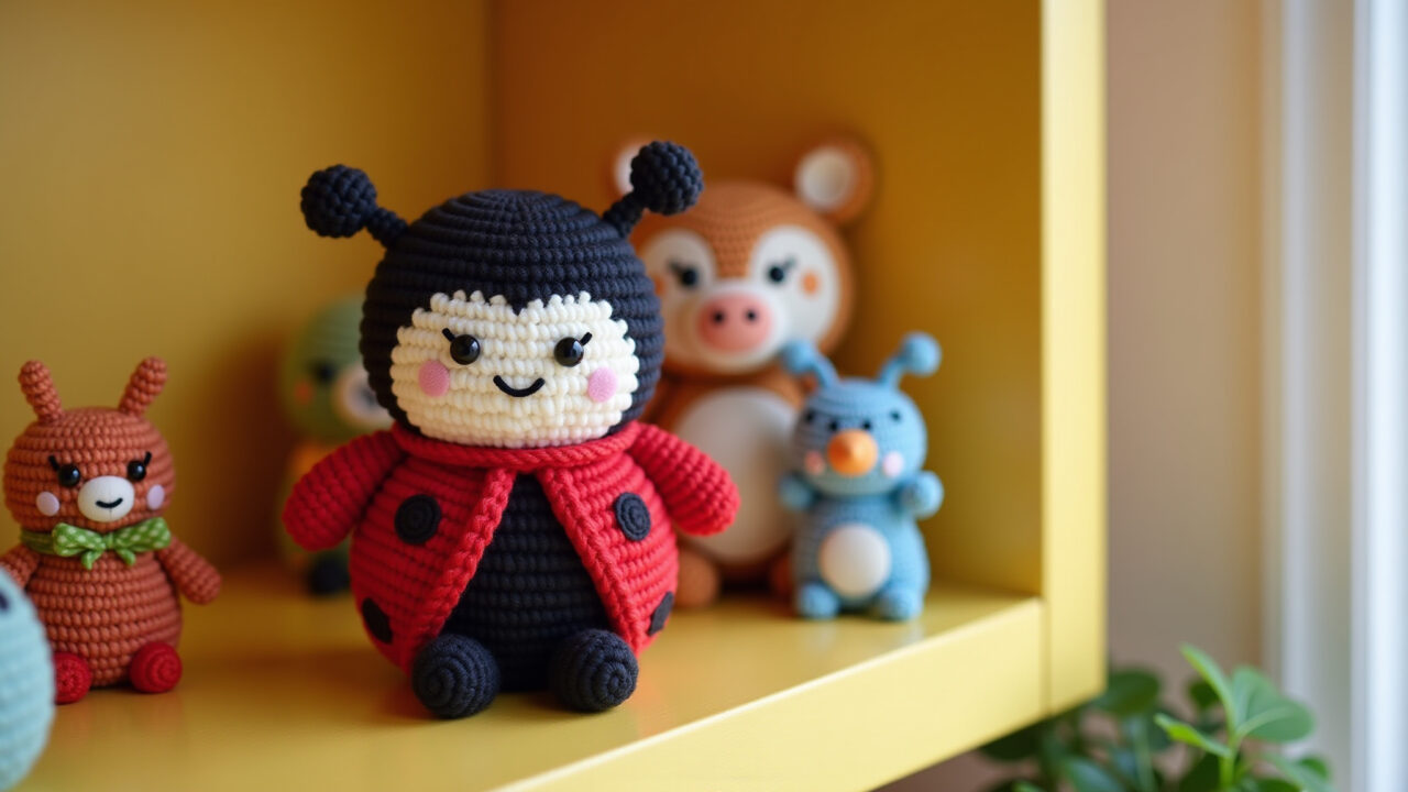 Ladybug amigurumi, large size, kids room decor, shelf, vibrant colors, friendly face, natural Amigurumi joaninha grande decorando quarto infantil.