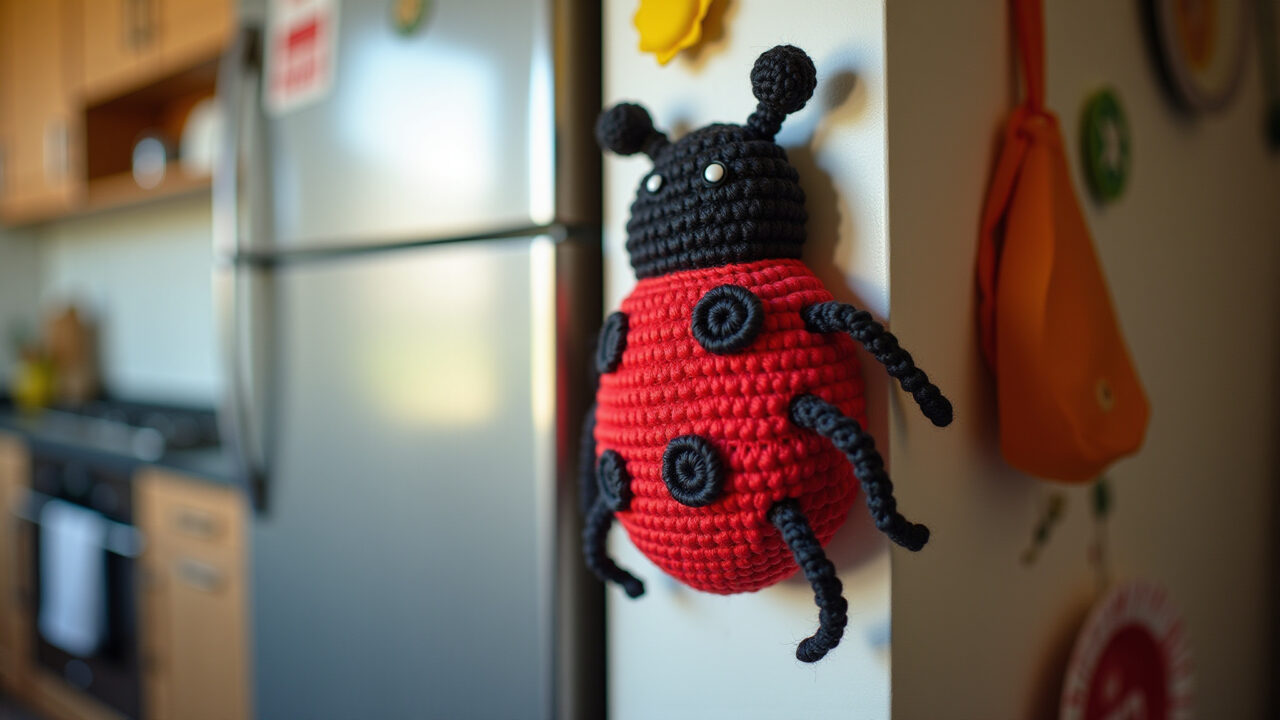 Ladybug amigurumi, magnet, refrigerator decor, vibrant colors, kitchen, natural lighting, lifestyle Joaninhas de amigurumi com ímã na geladeira.