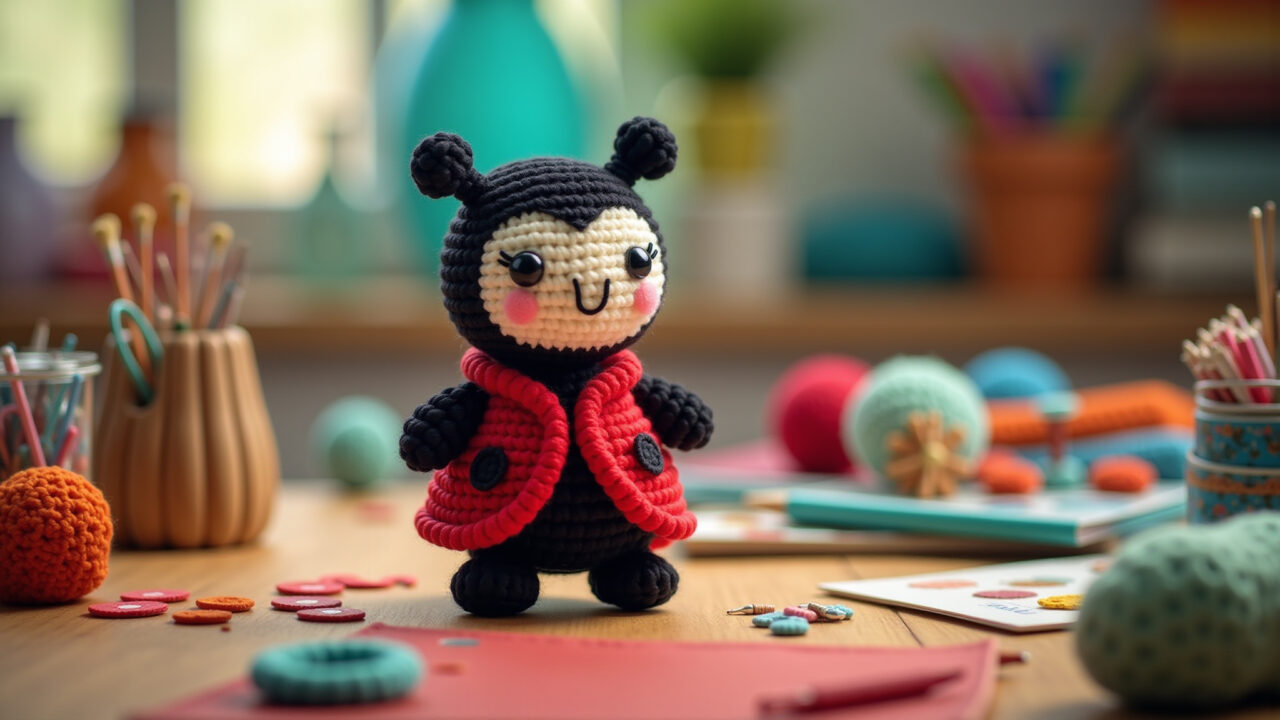 Ladybug amigurumi, needle holder, crochet accessories, vibrant colors, craft table, natural light, Amigurumi joaninha porta-agulhas para crocheteiras.