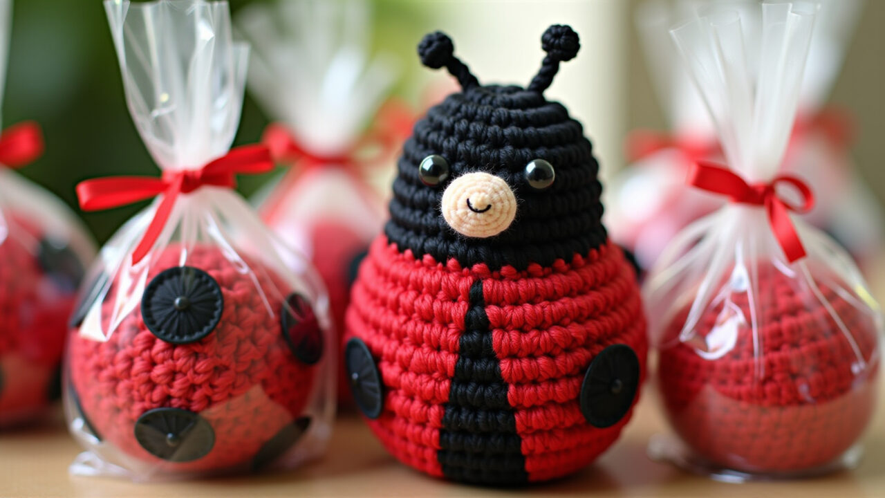 Ladybug amigurumi, party favors, colorful, cellophane bags, ribbons, natural lighting, lifestyle Lembrancinhas de aniversário de amigurumi joaninha.