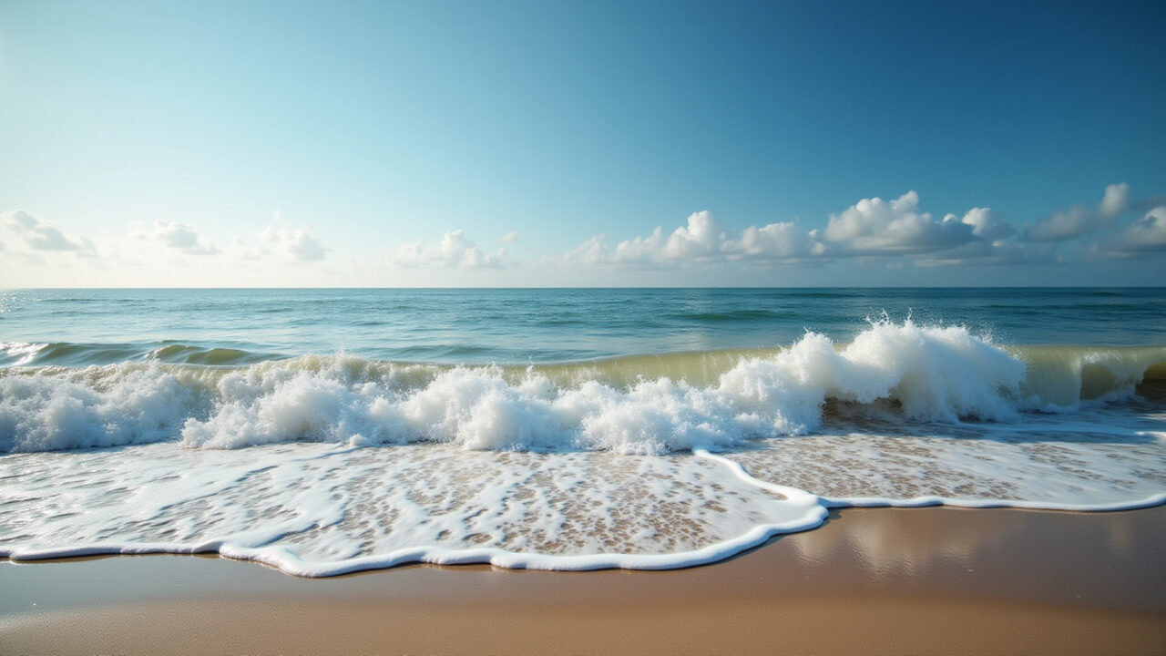 Landscape photography: A beach scene with waves crashing on the shore, representing the Law of Ondas quebrando na praia, representando a Lei do Ritmo.