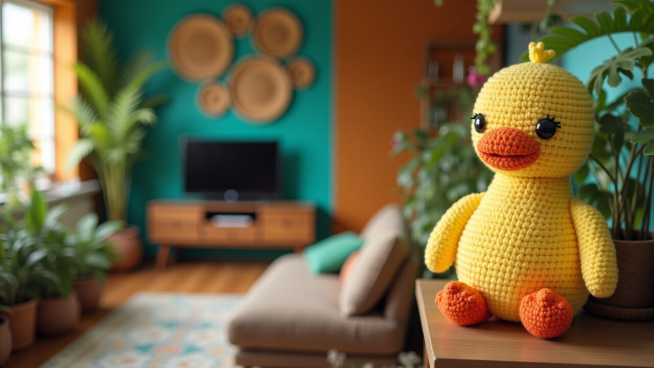 Large amigurumi duck on shelf, Brazilian living room, colorful decor, plants, natural light, 8k, Amigurumi pato grande na decoração